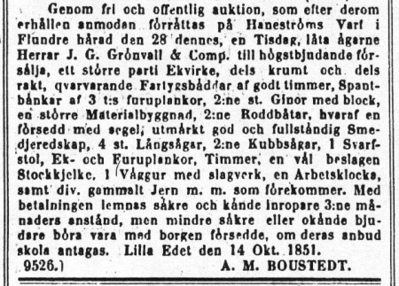 Tidningsklipp rörande auktion på Haneströms varv.